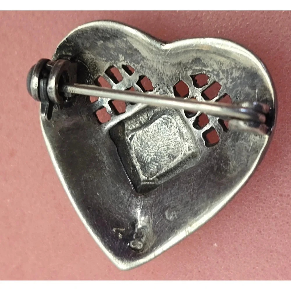 Vintage‎ 925 Sterling Silver Marcasite Heart Brooch Pin Art Deco Style Open Work